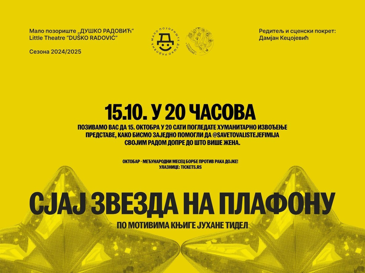 Read more about the article ПОЗИВАМО ВАС НА ХУМАНИТАРНО ИЗВОЂЕЊЕ ПРЕДСТАВЕ „СЈАЈ ЗВЕЗДА НА ПЛАФОНУ“